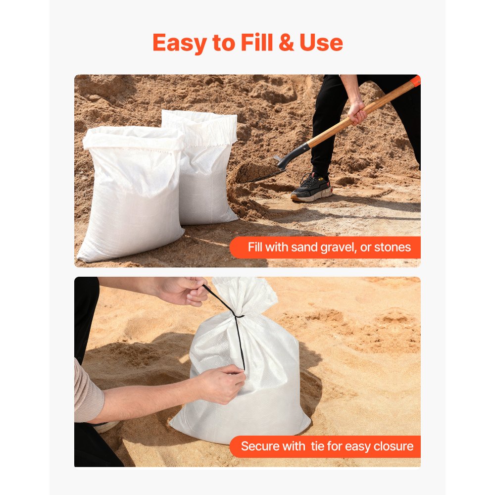VEVOR Sacos de Arena Vacíos, con Cintas, Carga de 22,6 kg, de Polipropileno Tejido, Resistentes al Desgarro y a los Rayos UV para Barreras de Protección contra Inundaciones, 400 x 660 mm, 50 uds