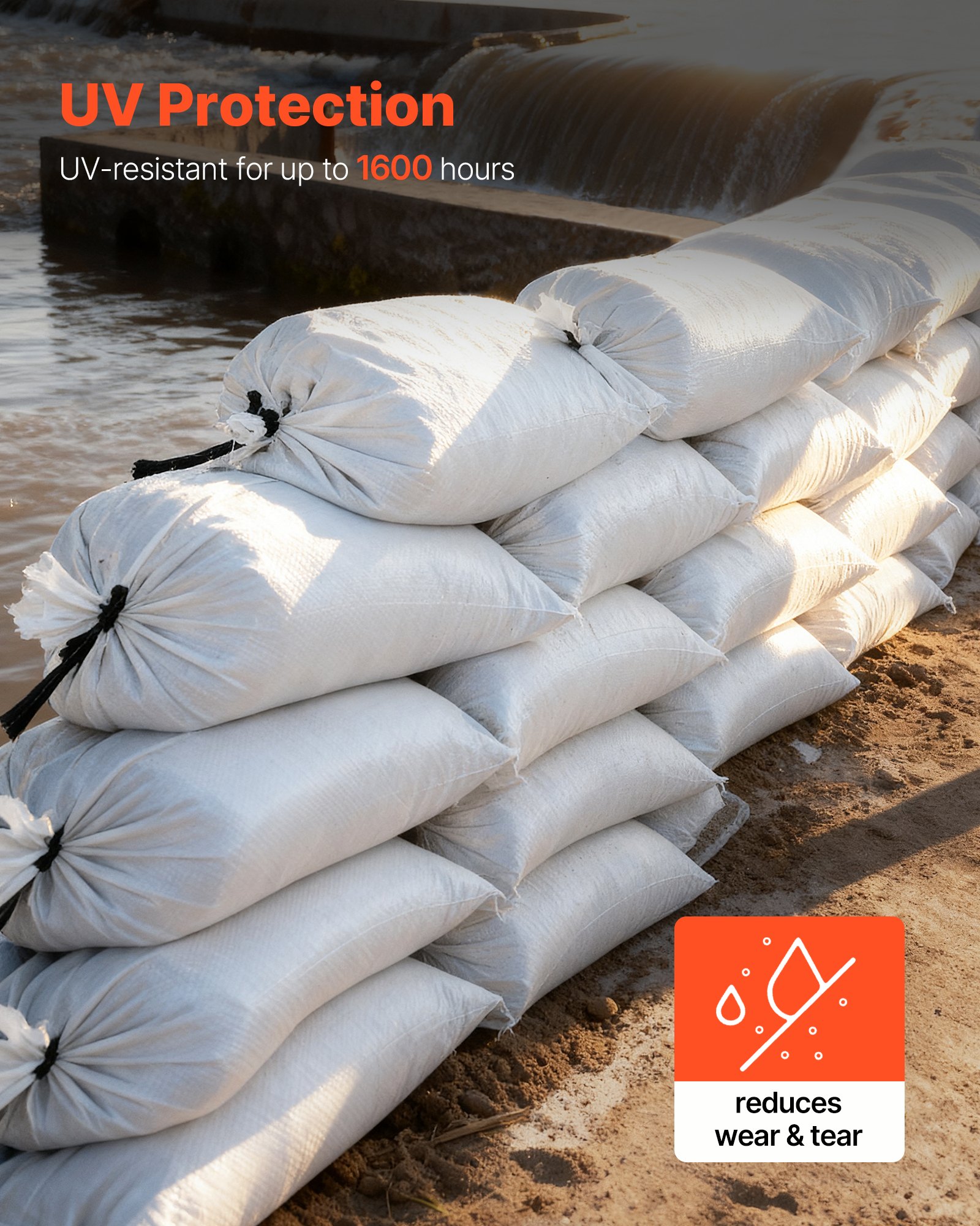 VEVOR Sacos de Arena Vacíos, con Cintas, Carga de 22,6 kg, de Polipropileno Tejido, Resistentes al Desgarro y a los Rayos UV para Barreras de Protección contra Inundaciones, 400 x 660 mm, 50 uds