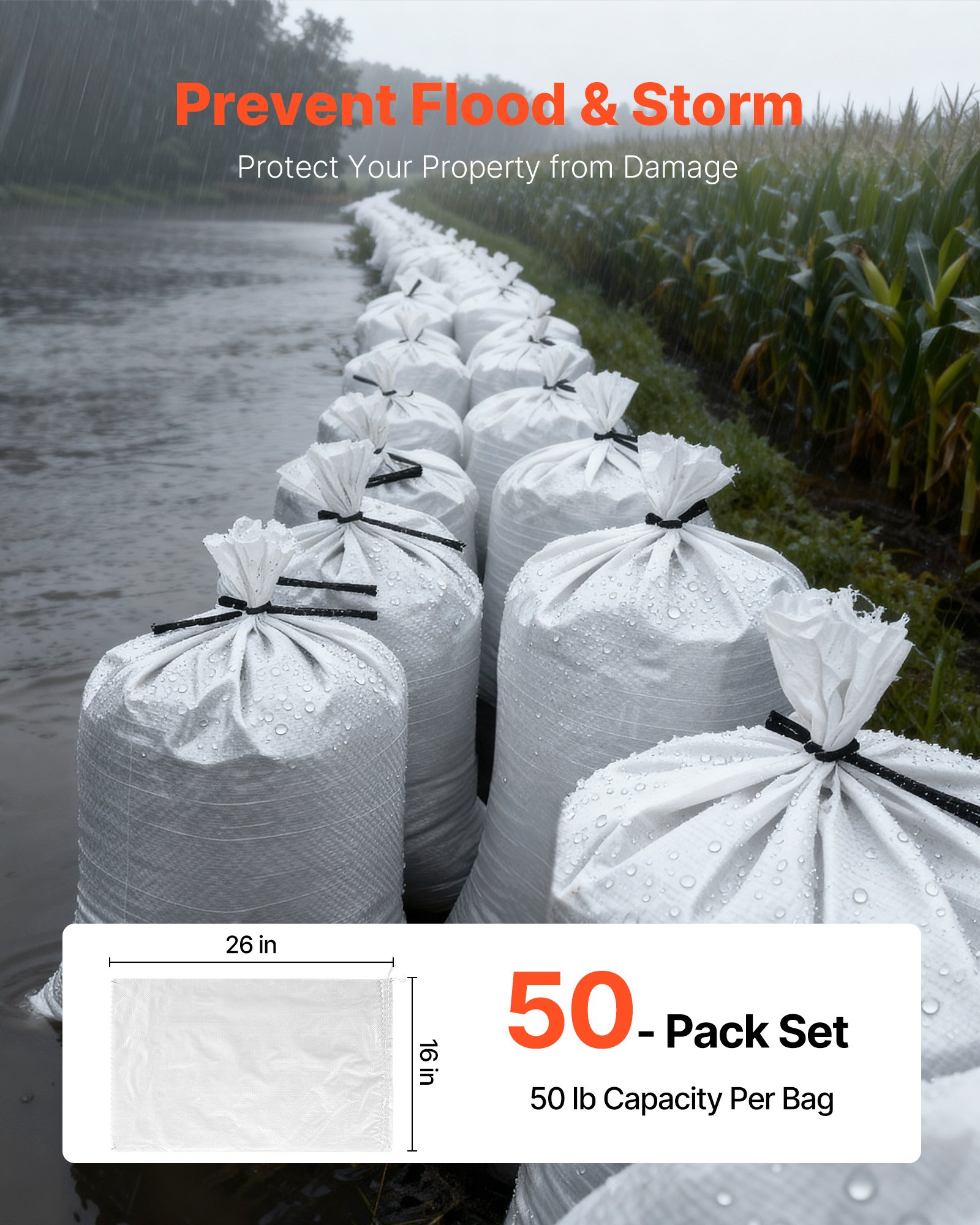 VEVOR Sacos de Arena Vacíos, con Cintas, Carga de 22,6 kg, de Polipropileno Tejido, Resistentes al Desgarro y a los Rayos UV para Barreras de Protección contra Inundaciones, 400 x 660 mm, 50 uds