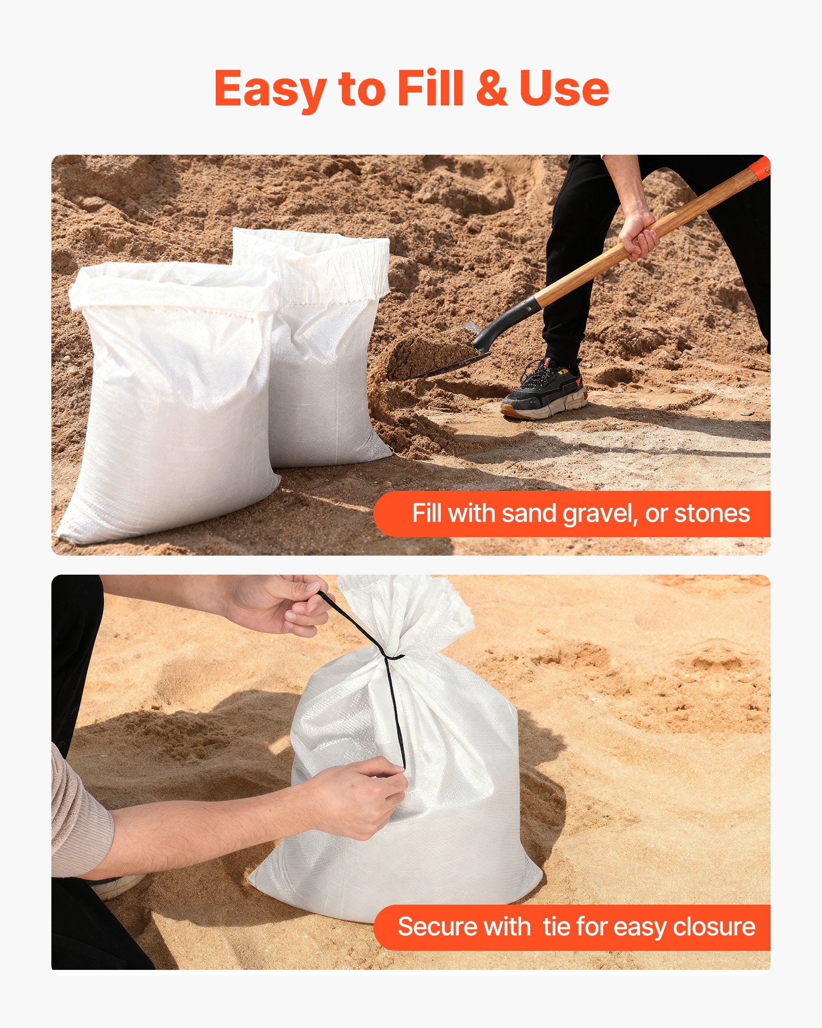 VEVOR Sacos de Arena Vacíos, con Cintas, Carga de 22,6 kg, de Polipropileno Tejido, Resistentes al Desgarro y a los Rayos UV para Barreras de Protección contra Inundaciones, 400 x 660 mm, 50 uds
