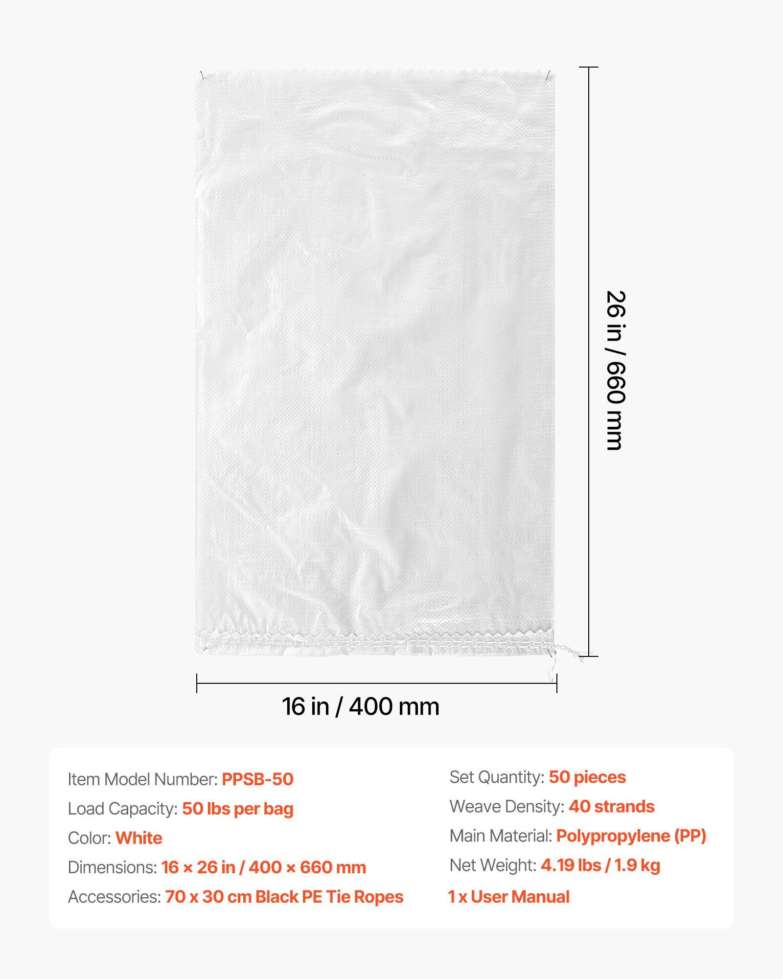 VEVOR Sacos de Arena Vacíos, con Cintas, Carga de 22,6 kg, de Polipropileno Tejido, Resistentes al Desgarro y a los Rayos UV para Barreras de Protección contra Inundaciones, 400 x 660 mm, 50 uds