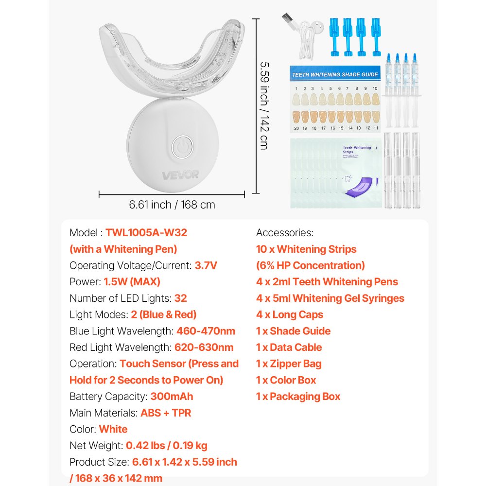 VEVOR Kit de Blanqueamiento Dental, con 32 Luces LED Aceleradoras, Tiras Blanqueadoras, Lápices Blanqueadores y Bandeja en Forma de U, Blanqueador Dental Portátil Para Eliminar las Manchas Difíciles
