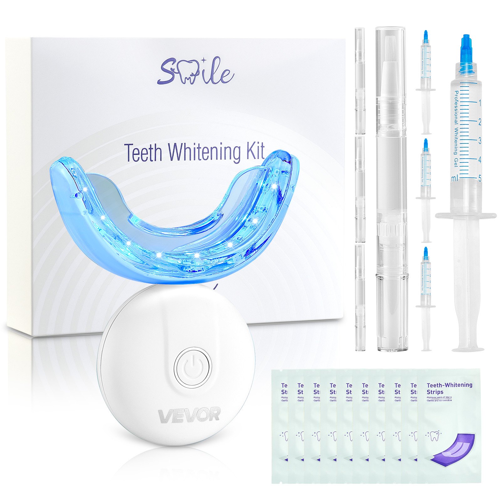 VEVOR Kit de Blanqueamiento Dental, con 32 Luces LED Aceleradoras, Tiras Blanqueadoras, Lápices Blanqueadores y Bandeja en Forma de U, Blanqueador Dental Portátil Para Eliminar las Manchas Difíciles