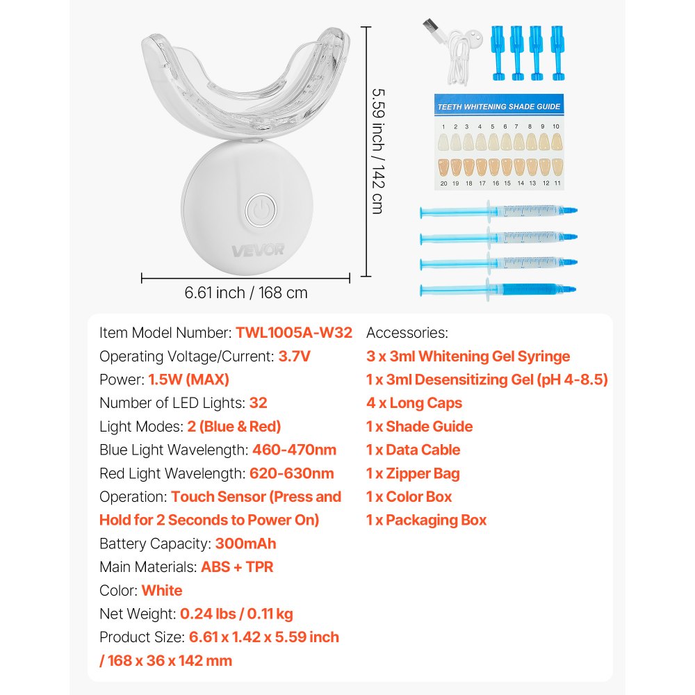 VEVOR Kit de Blanqueamiento Dental, con 32 Luces LED Aceleradoras, Jeringa de Gel, Gel Desensibilizante y Bandeja en Forma de U, Blanqueador Dental Portátil Para Eliminar las Manchas Difíciles