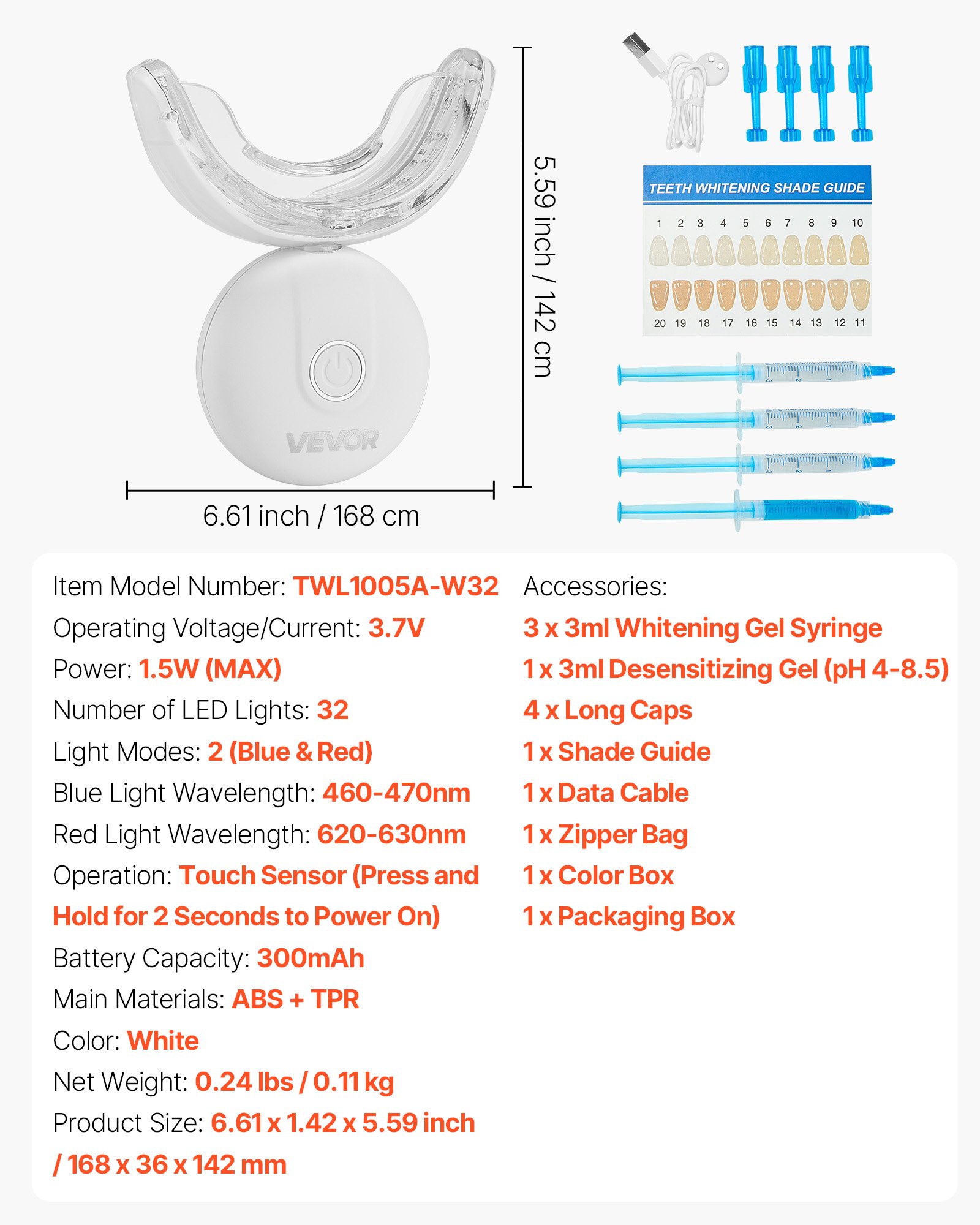 VEVOR Kit de Blanqueamiento Dental, con 32 Luces LED Aceleradoras, Jeringa de Gel, Gel Desensibilizante y Bandeja en Forma de U, Blanqueador Dental Portátil Para Eliminar las Manchas Difíciles