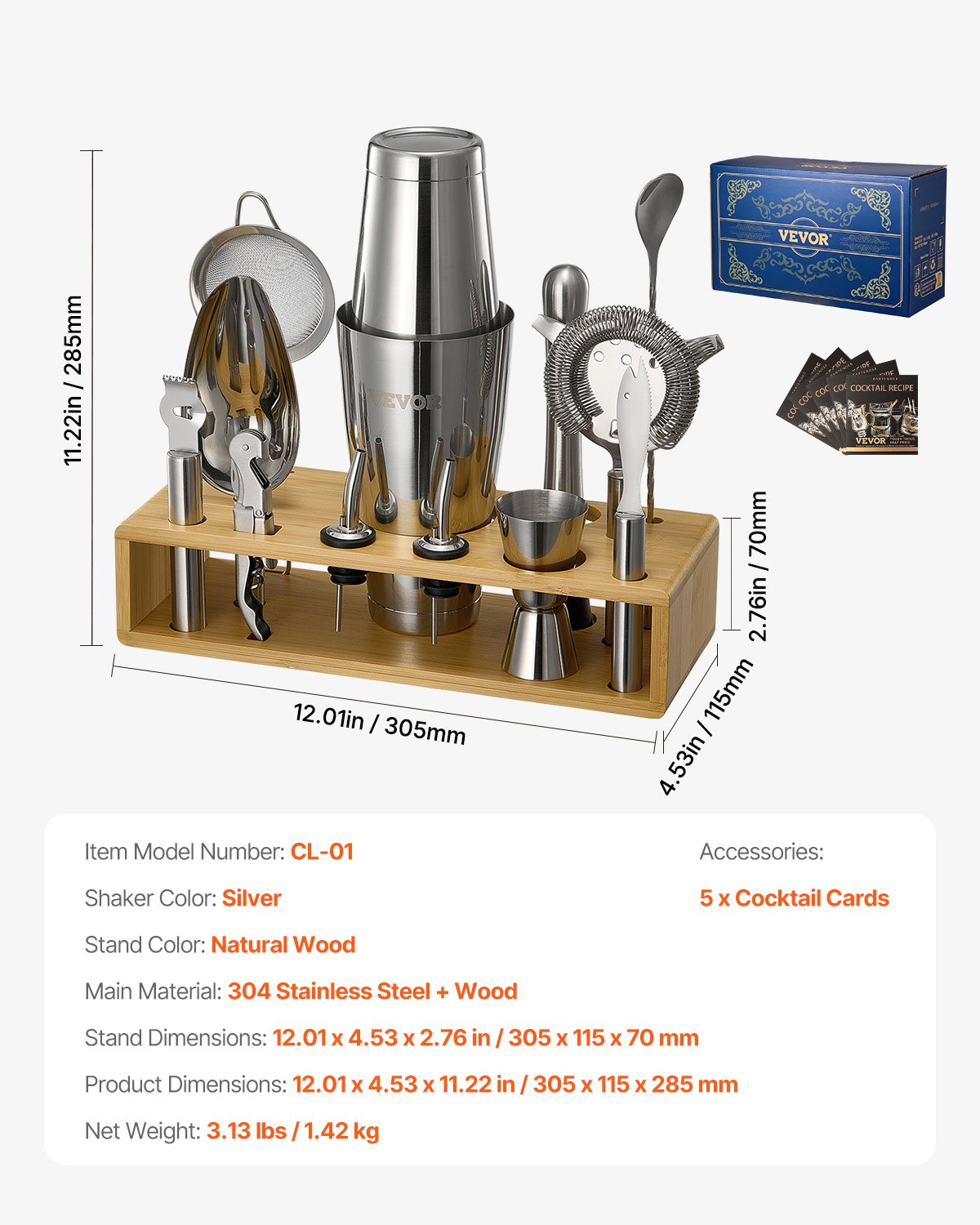 VEVOR Juego de Coctelera, 13 Piezas de Acero Inoxidable con Soporte de Bambú, Cuchara Mezcladora, Machacador, Medidor, Colador, Vertedor de Licor, Cucharón para Hielo, Plata, 305 x 115 x 285 mm