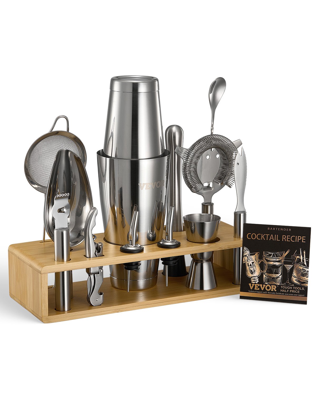 VEVOR Juego de Coctelera, 13 Piezas de Acero Inoxidable con Soporte de Bambú, Cuchara Mezcladora, Machacador, Medidor, Colador, Vertedor de Licor, Cucharón para Hielo, Plata, 305 x 115 x 285 mm