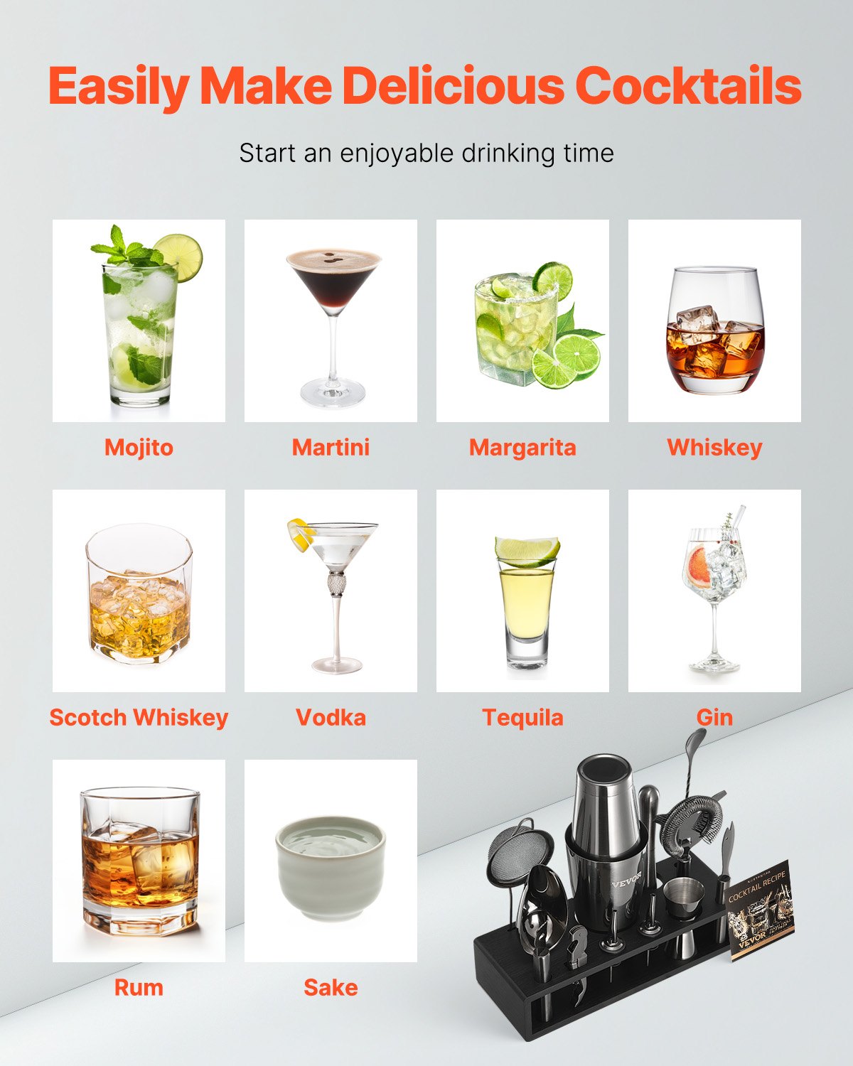 VEVOR Juego de Coctelera, 13 Piezas de Acero Inoxidable con Soporte de Bambú, Cuchara Mezcladora, Machacador, Medidor, Colador, Vertedor de Licor, Cucharón para Hielo, Rallador de Limón, Negro