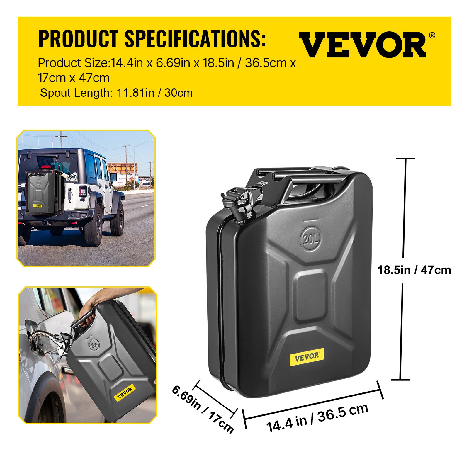 VEVOR Lata de Combustible Portátil Capacidad 20 L con Sistema de Boquilla Flexible Tanque de Combustible de Acero Inoxidable y Resistente al Calor para Equipos, Camiones, Automóviles, Negro