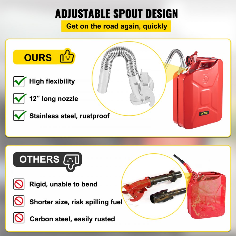 VEVOR Bidón de Combustible de 20 L, Bidón Portátil con Sistema de Pico Flexible, Tanque de Combustible de Acero Inoxidable y Resistente al Calor para Autos, Camiones, Equipos, Color Rojo