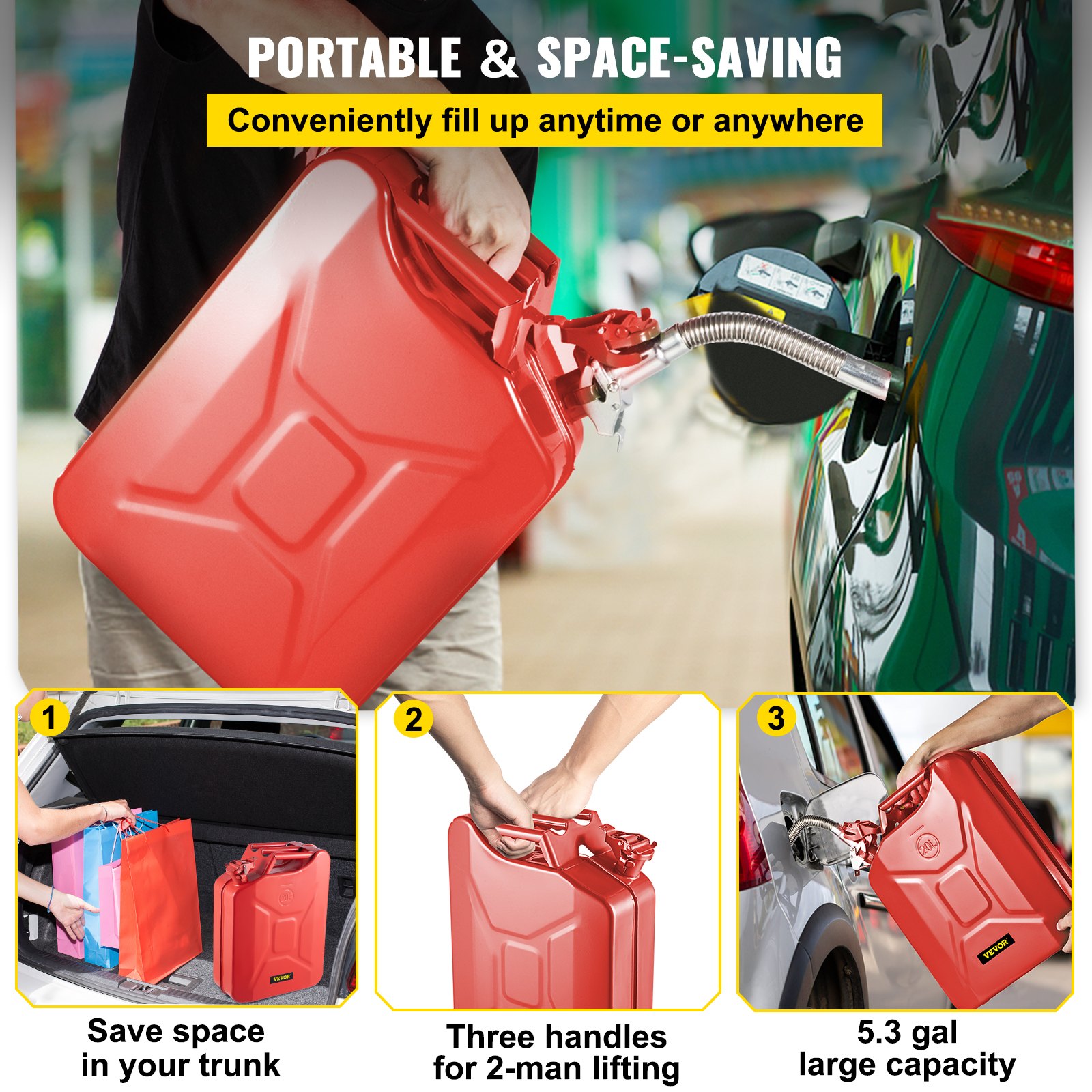 VEVOR Bidón de Combustible de 20 L, Bidón Portátil con Sistema de Pico Flexible, Tanque de Combustible de Acero Inoxidable y Resistente al Calor para Autos, Camiones, Equipos, Color Rojo
