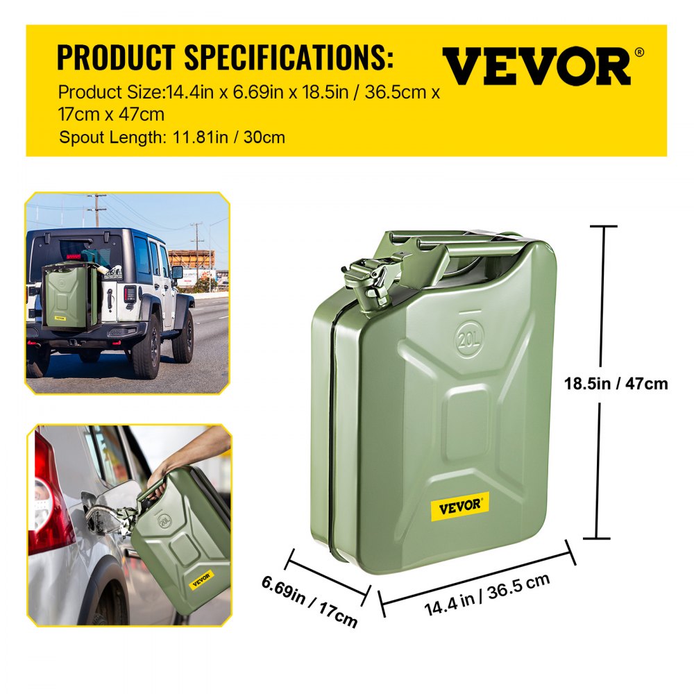 VEVOR Lata de Combustible Portátil Capacidad 20 L con Sistema de Boquilla Flexible Tanque de Combustible de Acero Inoxidable y Resistente al Calor para Equipos, Camiones, Automóviles, Verde