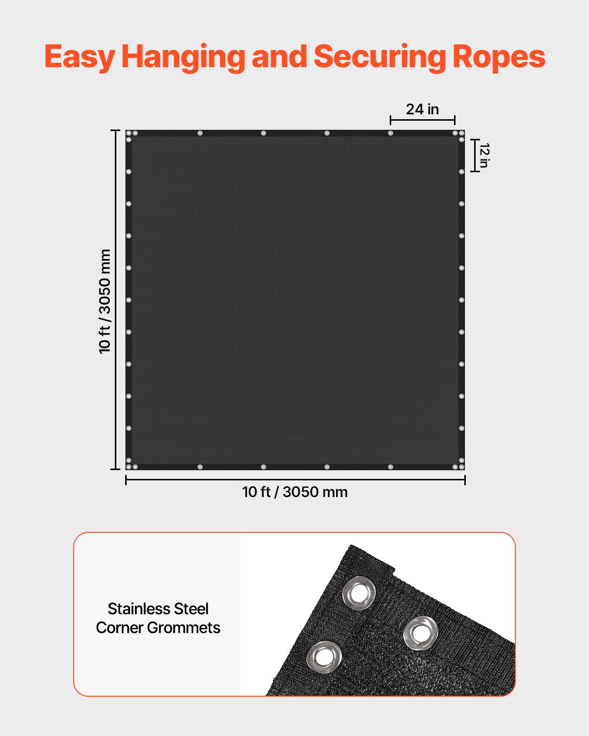 VEVOR 90% Sun Protection Fabric, Privacy Screen, Shade Cover (305 x 305 cm) for Pergola with Stainless Steel Eyelets, Sun Sail Fabric with 140 g/m² HDPE Material, for Outdoor Terrace, Garden, Backyard (Black)