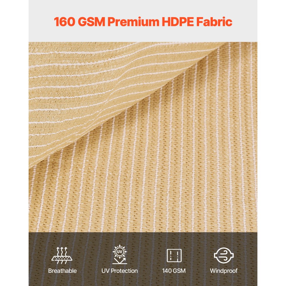 VEVOR 90% Sun Protection Fabric, Privacy Screen, Shade Cover (366 x 610 cm) for Pergola with Stainless Steel Eyelets, Sun Sail Fabric with 160 g/m² HDPE Material, for Outdoor Terrace, Garden, Backyard (Beige)