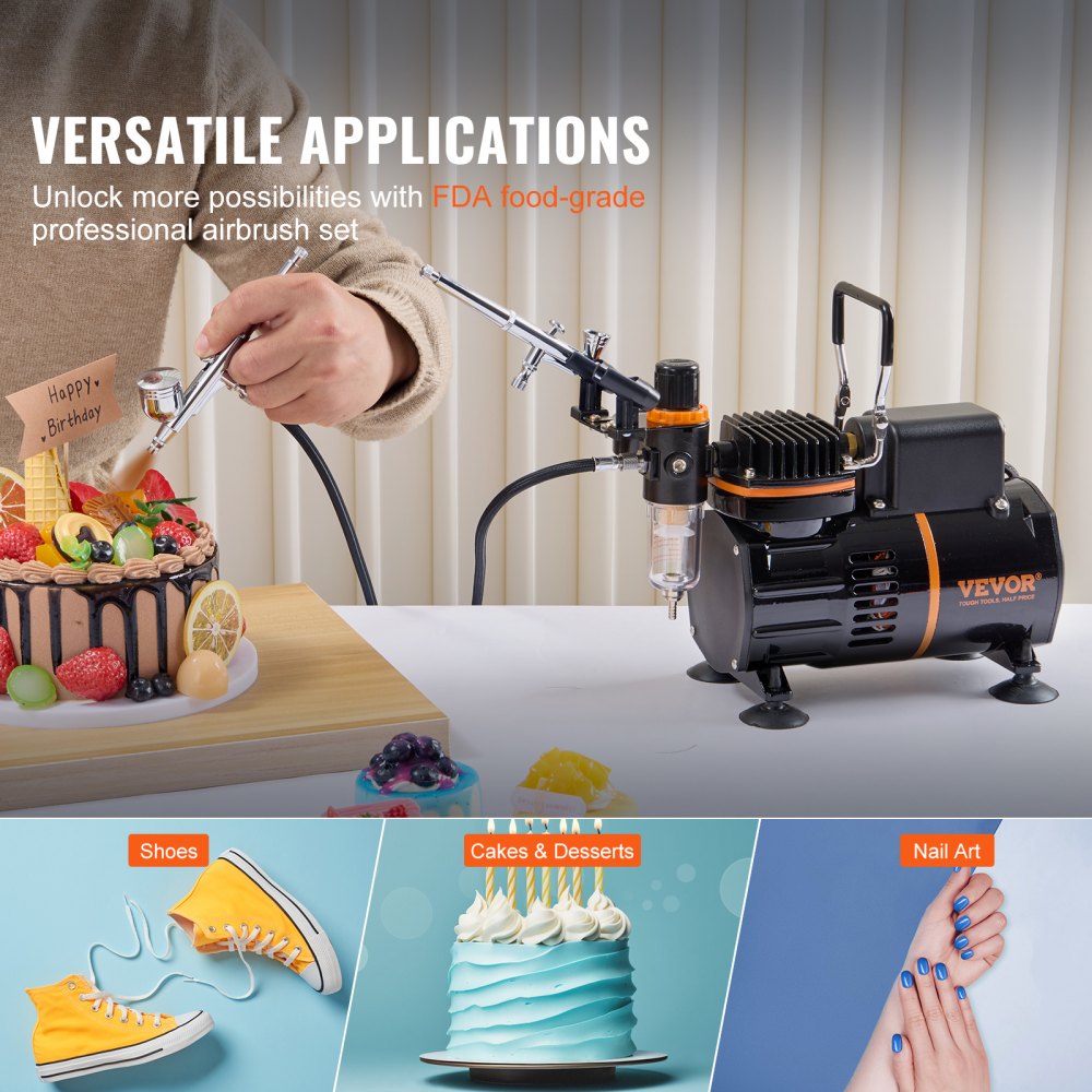VEVOR Kit de Aerógrafo Compresor de Aire de Doble Ventilador Sistema de Aerógrafo Profesional con 3 Pistolas Soporte Rueda de Mezcla de Colores para Decoración de Uñas, Cocina, Maquillaje