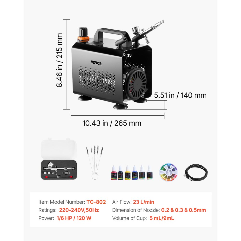 VEVOR Kit de Aerógrafo con Compresor de Aire 1/6 HP, 1 Aerógrafo de Doble Acción con 3 Boquillas, Manguera, Pinturas Acrílicas, Kit de Pintura para Decoración de Tartas, Maquetas, Uñas, Coches