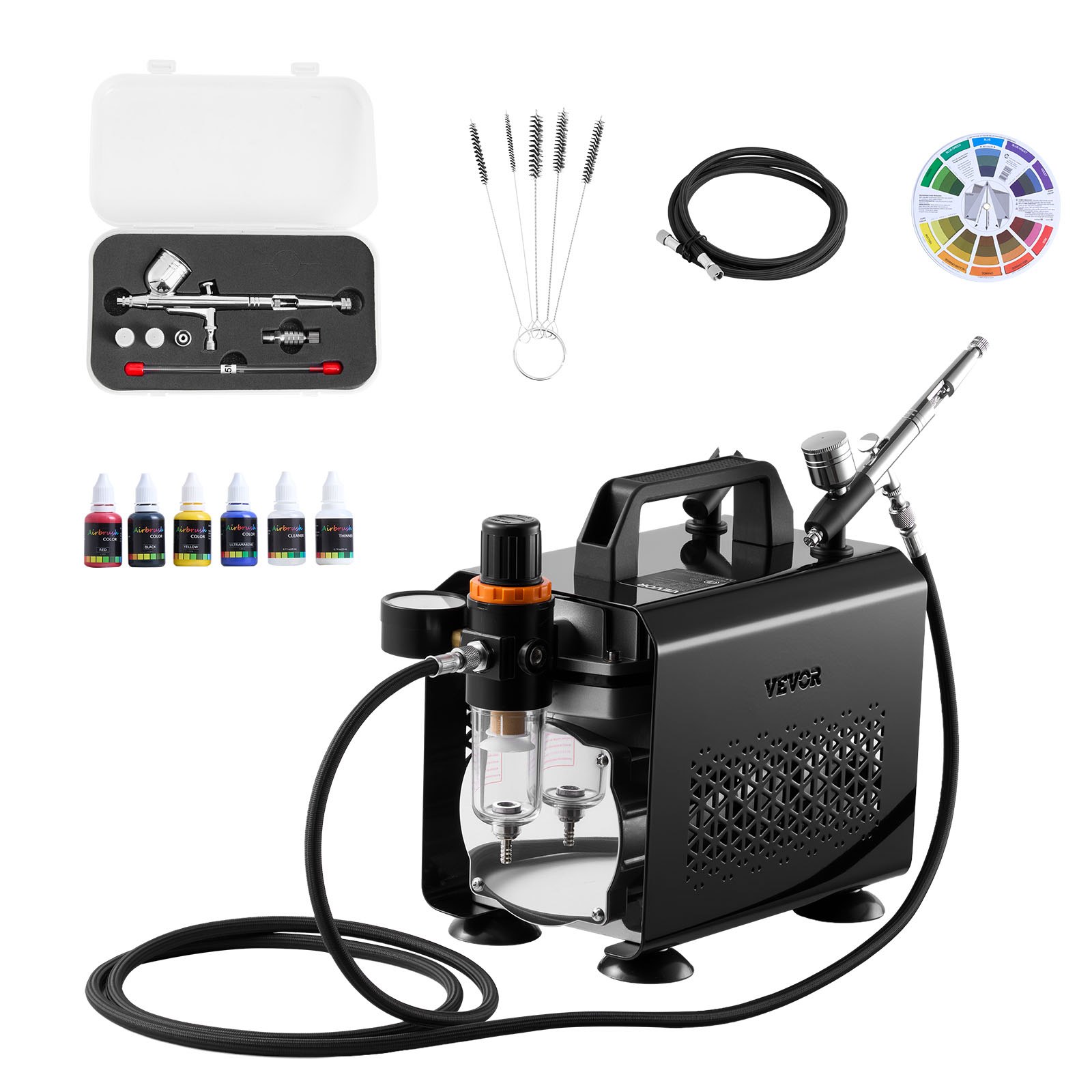 VEVOR Kit de Aerógrafo con Compresor de Aire 1/6 HP, 1 Aerógrafo de Doble Acción con 3 Boquillas, Manguera, Pinturas Acrílicas, Kit de Pintura para Decoración de Tartas, Maquetas, Uñas, Coches