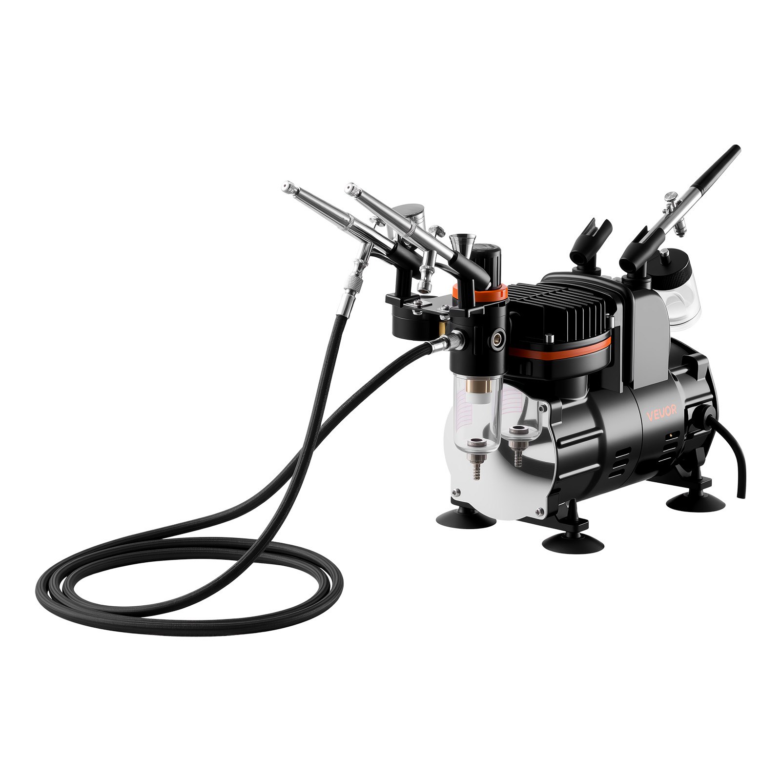 VEVOR Kit de Aerógrafo con Compresor de Aire 1/6 HP, 3 Aerógrafos de Doble Acción con 3 Boquillas, Manguera, Pinturas Acrílicas, Pincel, Kit de Pintura para Decoración de Tartas, Maquetas, Uñas