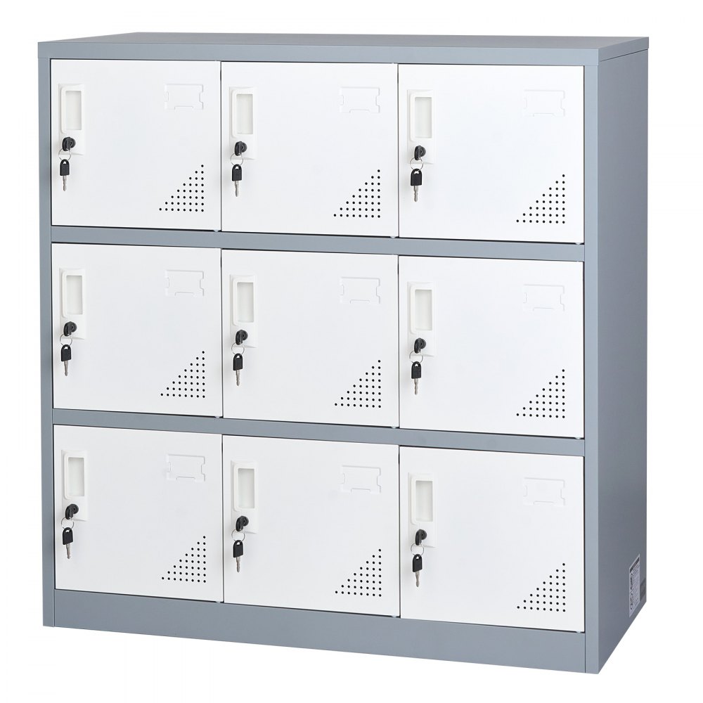 VEVOR Taquillas Metálicas con 9 Puertas, Casillero Metálico 90 x 45 x 94 cm, Capacidad de Carga 29,9 kg, 2 Llaves para Cada Caja, Armario de Almacenamiento para Oficina Escuela Gimnasio, Blanco y Gris