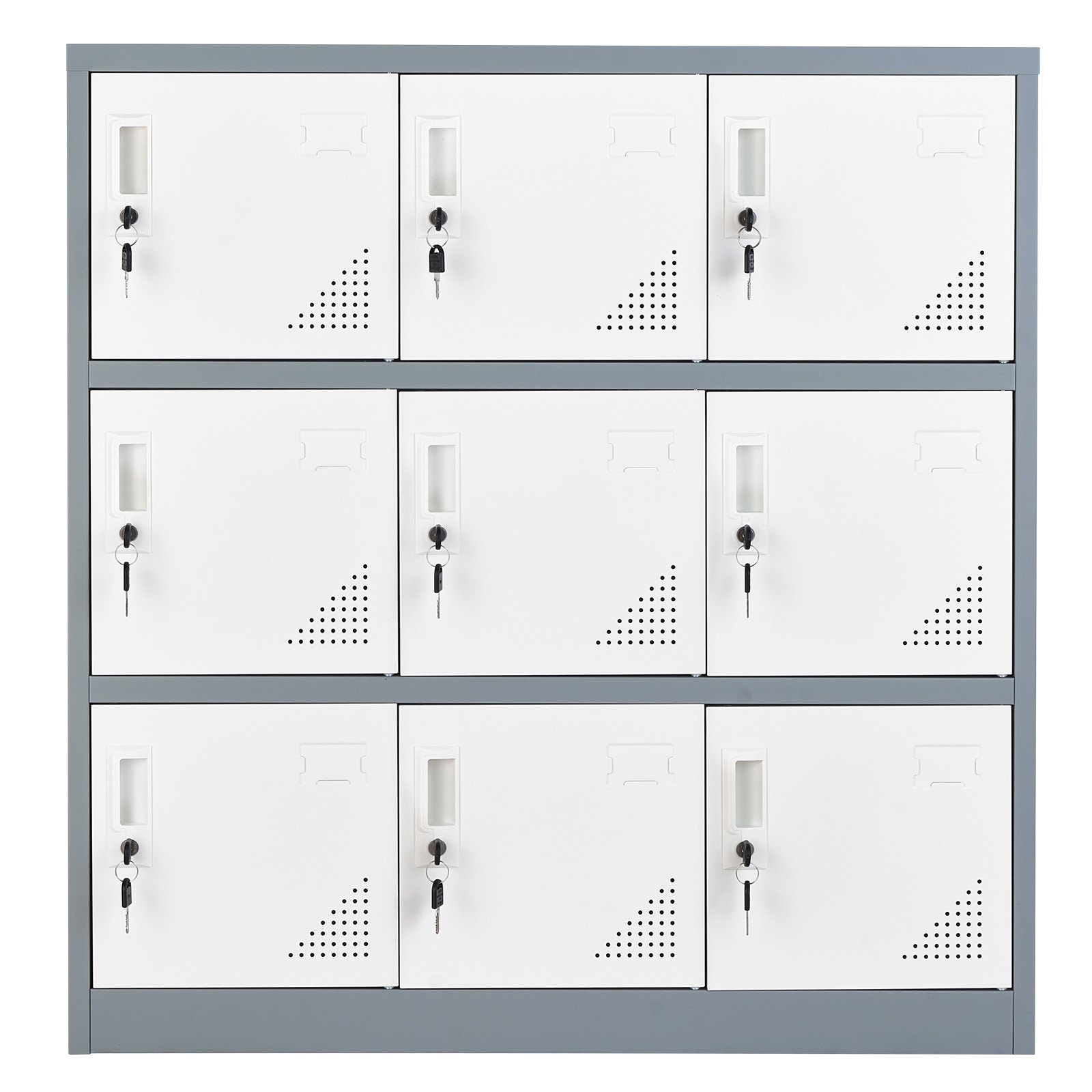VEVOR Taquillas Metálicas con 9 Puertas, Casillero Metálico 90 x 45 x 94 cm, Capacidad de Carga 29,9 kg, 2 Llaves para Cada Caja, Armario de Almacenamiento para Oficina Escuela Gimnasio, Blanco y Gris