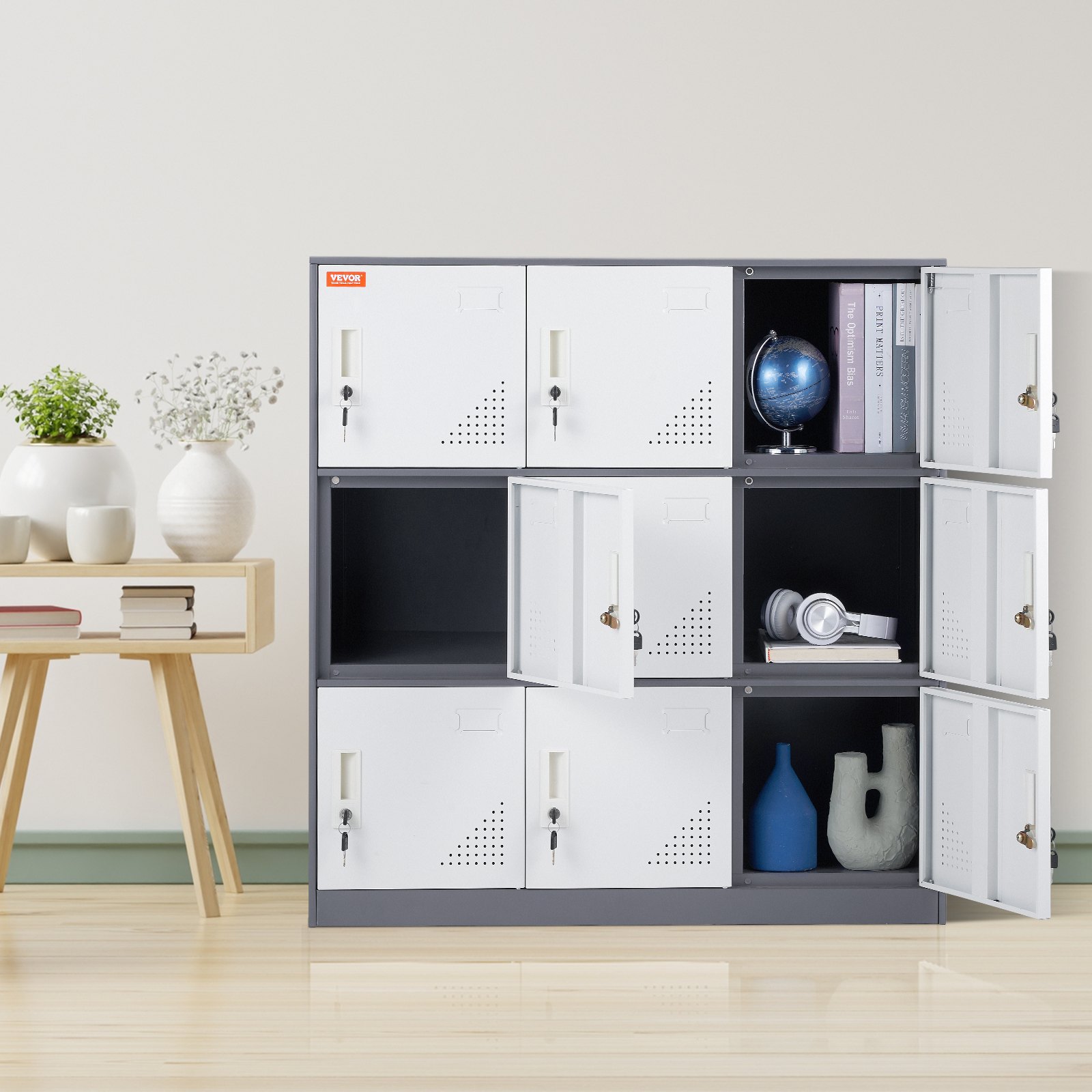 VEVOR Armario de metal para empleados, gabinete de 9 puertas con ranura para tarjetas, casilleros de acero gris para empleados con llaves, capacidad de carga de 66 libras para oficina, hogar, escuela