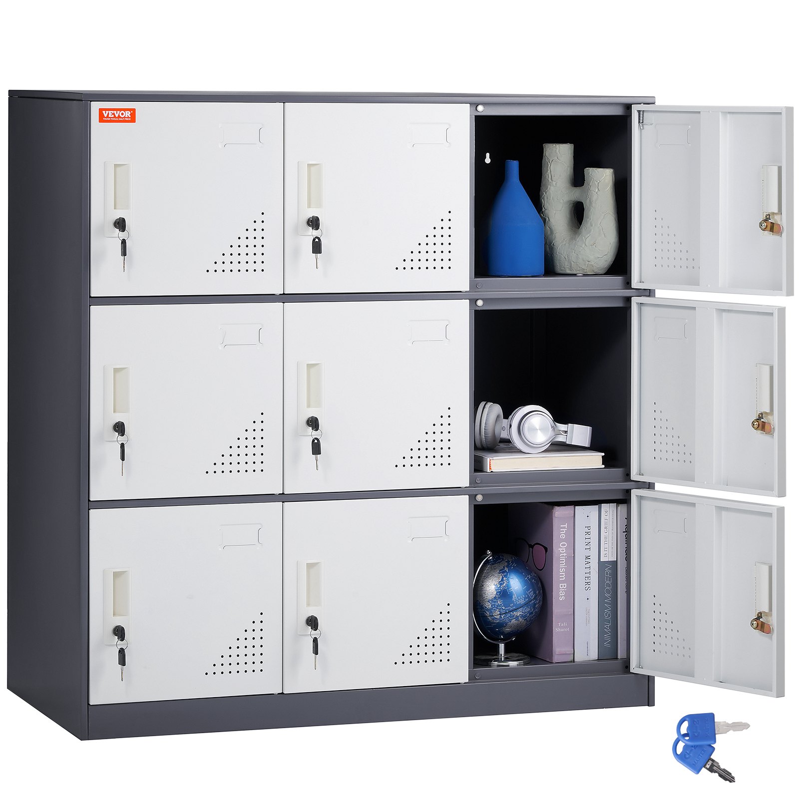 VEVOR Armario de metal para empleados, gabinete de 9 puertas con ranura para tarjetas, casilleros de acero gris para empleados con llaves, capacidad de carga de 66 libras para oficina, hogar, escuela