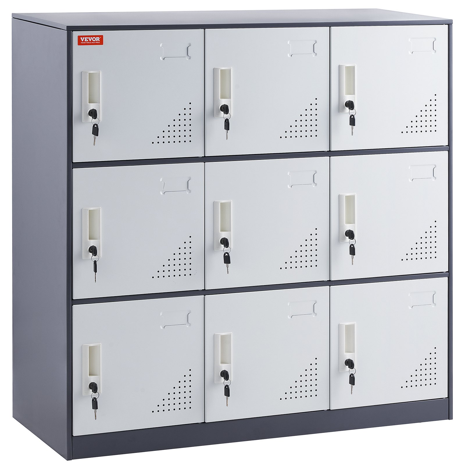 VEVOR Armario de metal para empleados, gabinete de 9 puertas con ranura para tarjetas, casilleros de acero gris para empleados con llaves, capacidad de carga de 66 libras para oficina, hogar, escuela