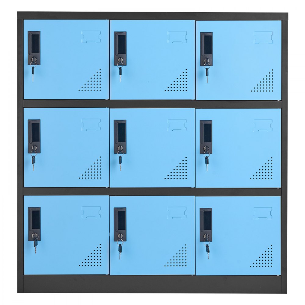 VEVOR Taquillas Metálicas de 9 Puertas 90 x 45 x 94 cm, Armario Metálico con Cerradura, Capacidad de Carga de 29,9 kg, Ranuras de Ventilación, Taquilla Vestuario para Oficina Gimnasio, Azul y Negro