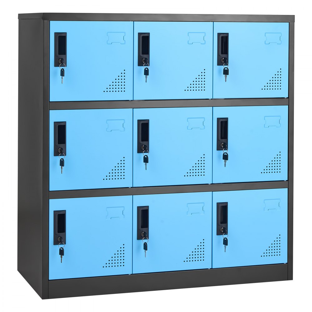 VEVOR Taquillas Metálicas de 9 Puertas 90 x 45 x 94 cm, Armario Metálico con Cerradura, Capacidad de Carga de 29,9 kg, Ranuras de Ventilación, Taquilla Vestuario para Oficina Gimnasio, Azul y Negro