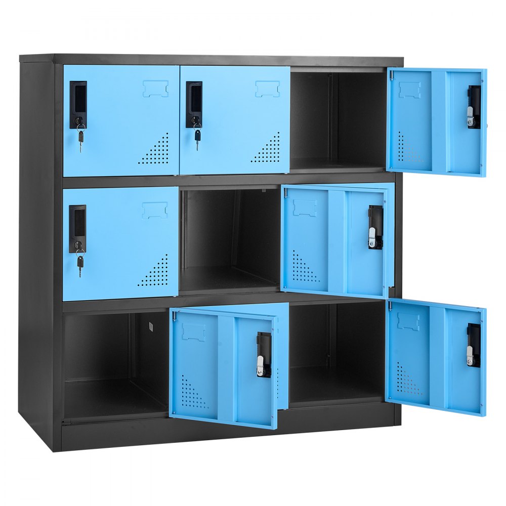 VEVOR Taquillas Metálicas de 9 Puertas 90 x 45 x 94 cm, Armario Metálico con Cerradura, Capacidad de Carga de 29,9 kg, Ranuras de Ventilación, Taquilla Vestuario para Oficina Gimnasio, Azul y Negro