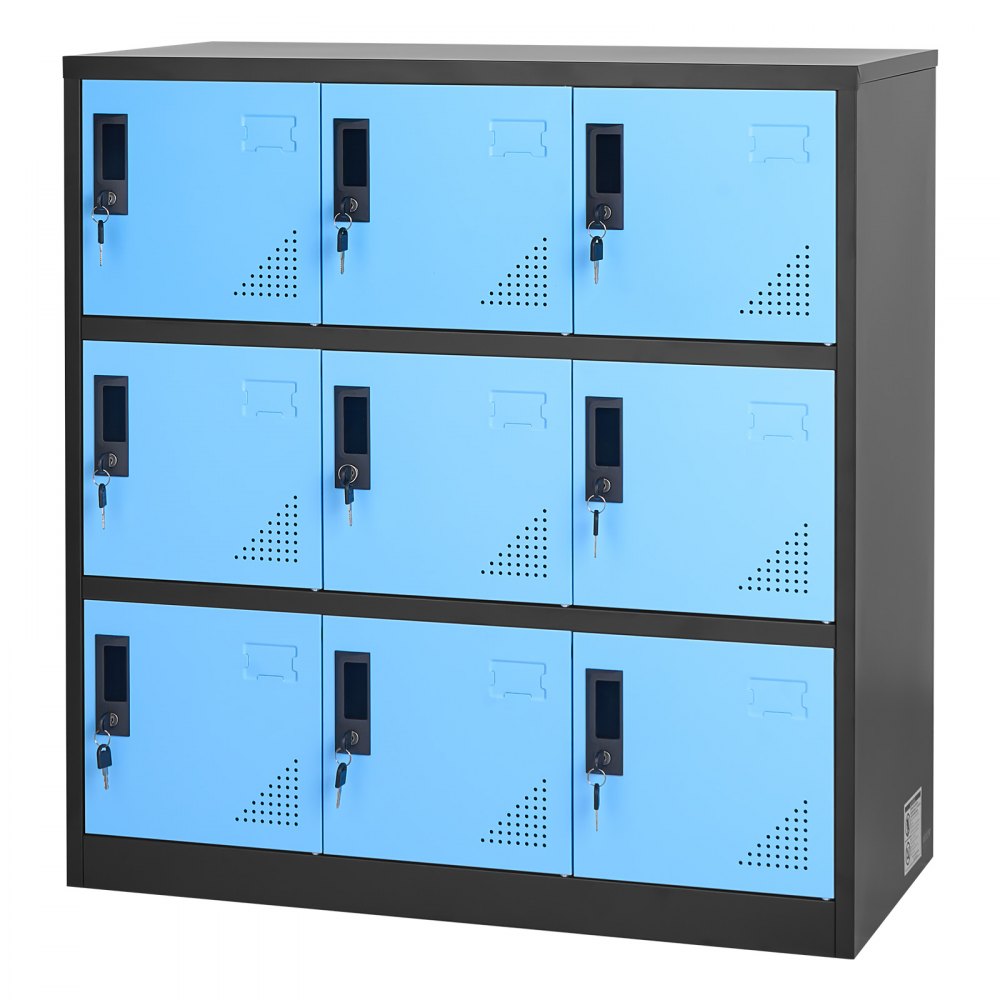 VEVOR Taquillas Metálicas de 9 Puertas 90 x 45 x 94 cm, Armario Metálico con Cerradura, Capacidad de Carga de 29,9 kg, Ranuras de Ventilación, Taquilla Vestuario para Oficina Gimnasio, Azul y Negro
