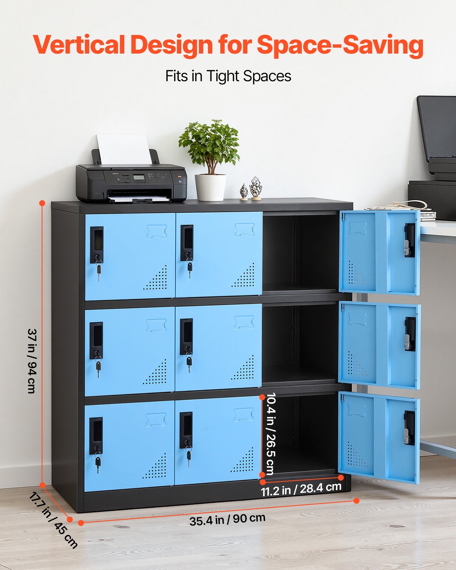 VEVOR Taquillas Metálicas de 9 Puertas 90 x 45 x 94 cm, Armario Metálico con Cerradura, Capacidad de Carga de 29,9 kg, Ranuras de Ventilación, Taquilla Vestuario para Oficina Gimnasio, Azul y Negro