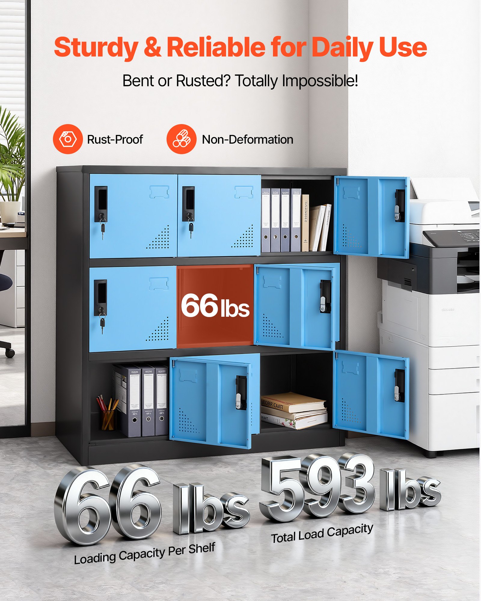 VEVOR Taquillas Metálicas de 9 Puertas 90 x 45 x 94 cm, Armario Metálico con Cerradura, Capacidad de Carga de 29,9 kg, Ranuras de Ventilación, Taquilla Vestuario para Oficina Gimnasio, Azul y Negro