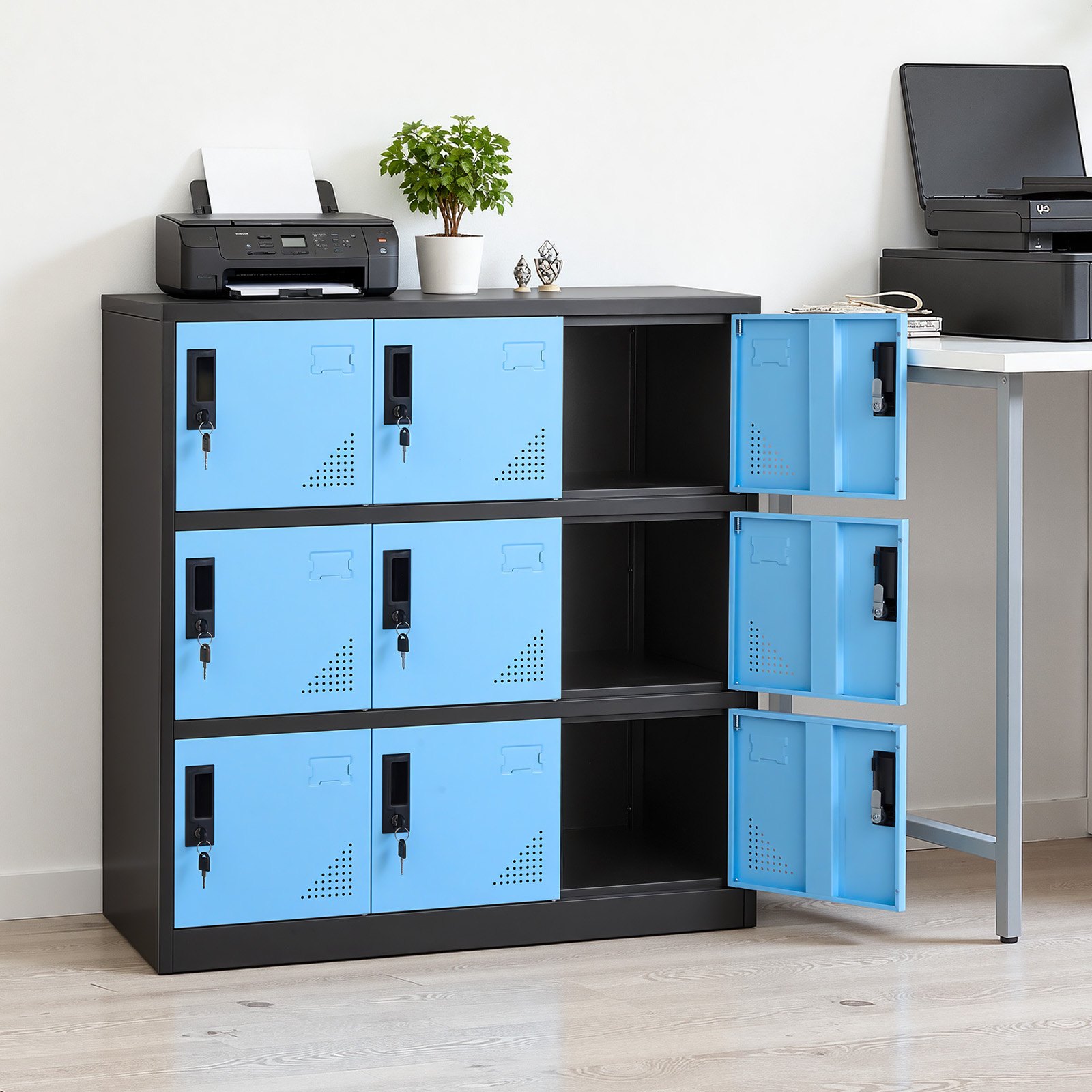 VEVOR Taquillas Metálicas de 9 Puertas 90 x 45 x 94 cm, Armario Metálico con Cerradura, Capacidad de Carga de 29,9 kg, Ranuras de Ventilación, Taquilla Vestuario para Oficina Gimnasio, Azul y Negro