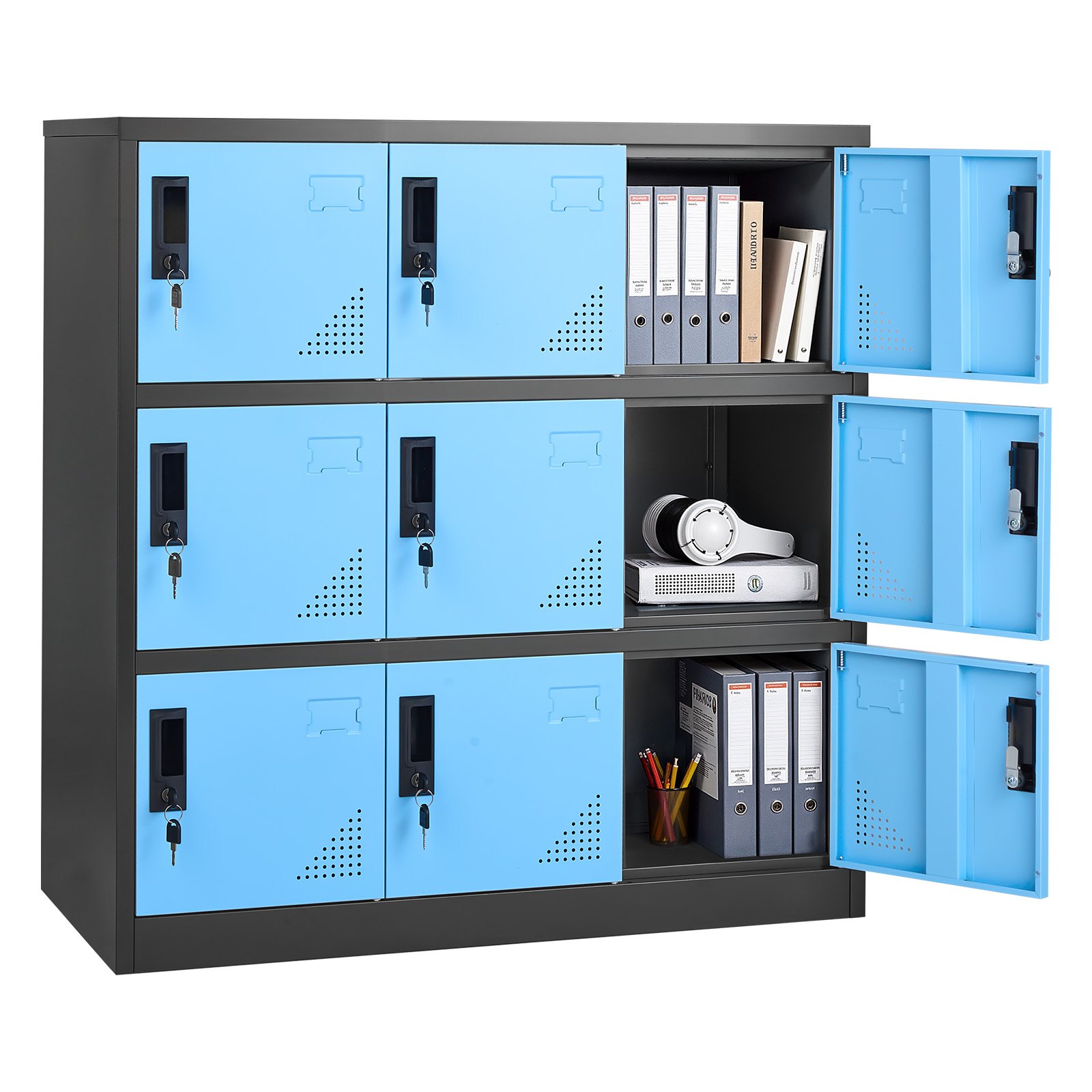 VEVOR Taquillas Metálicas de 9 Puertas 90 x 45 x 94 cm, Armario Metálico con Cerradura, Capacidad de Carga de 29,9 kg, Ranuras de Ventilación, Taquilla Vestuario para Oficina Gimnasio, Azul y Negro