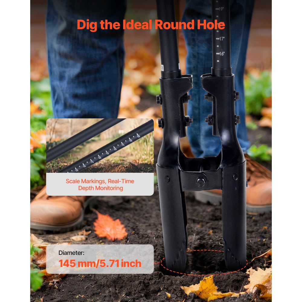 VEVOR Excavadora de Agujeros Manual para Postes Resistente con Mango de Fibra de Vidrio de 1460 mm, Marcas de Escala y Hoja de Metal, Herramienta para Excavar Agujeros para Jardinería y Exteriores