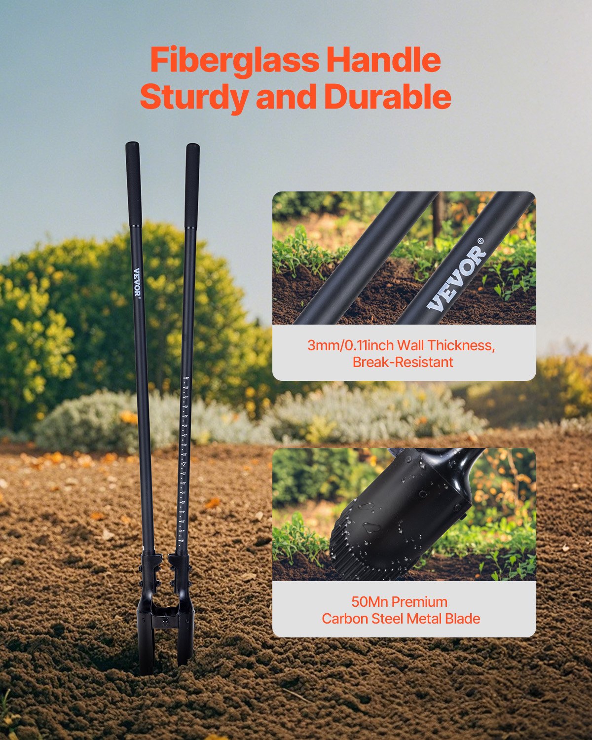 VEVOR Excavadora de Agujeros Manual para Postes Resistente con Mango de Fibra de Vidrio de 1460 mm, Marcas de Escala y Hoja de Metal, Herramienta para Excavar Agujeros para Jardinería y Exteriores