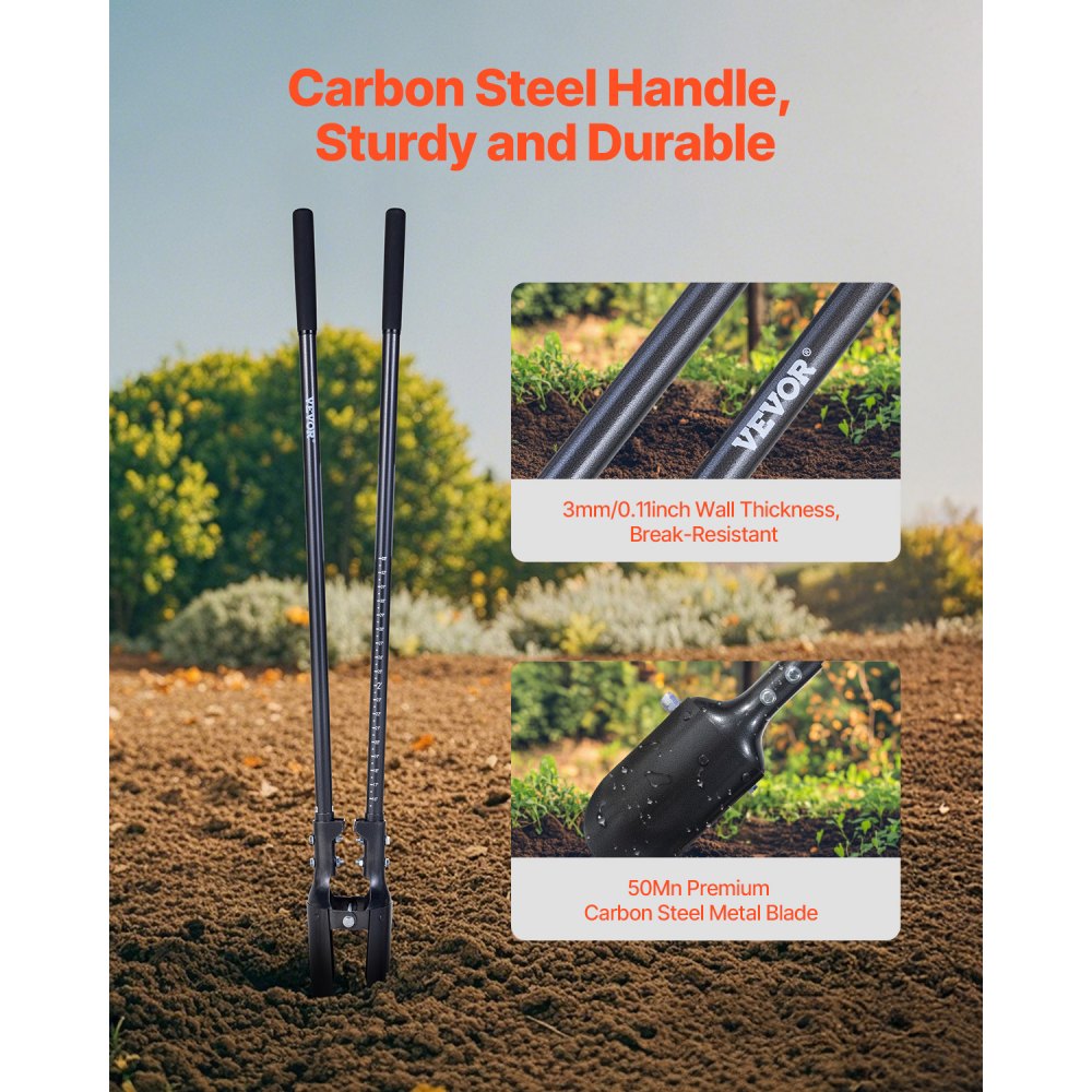 VEVOR Excavadora de Agujeros Manual para Postes Resistente con Mango de Acero al Carbono de 145 mm, Marcas de Escala y Hoja de Metal, Herramienta para Excavar Agujeros para Jardinería y Exteriores