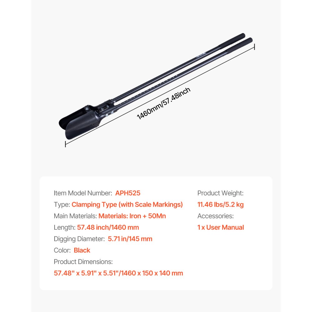 VEVORE earth hole digger 146 cm, earth hole shovel with carbon steel handle, hand auger with scale markings and metal blade, earth hole digger tool for digging outdoor garden work