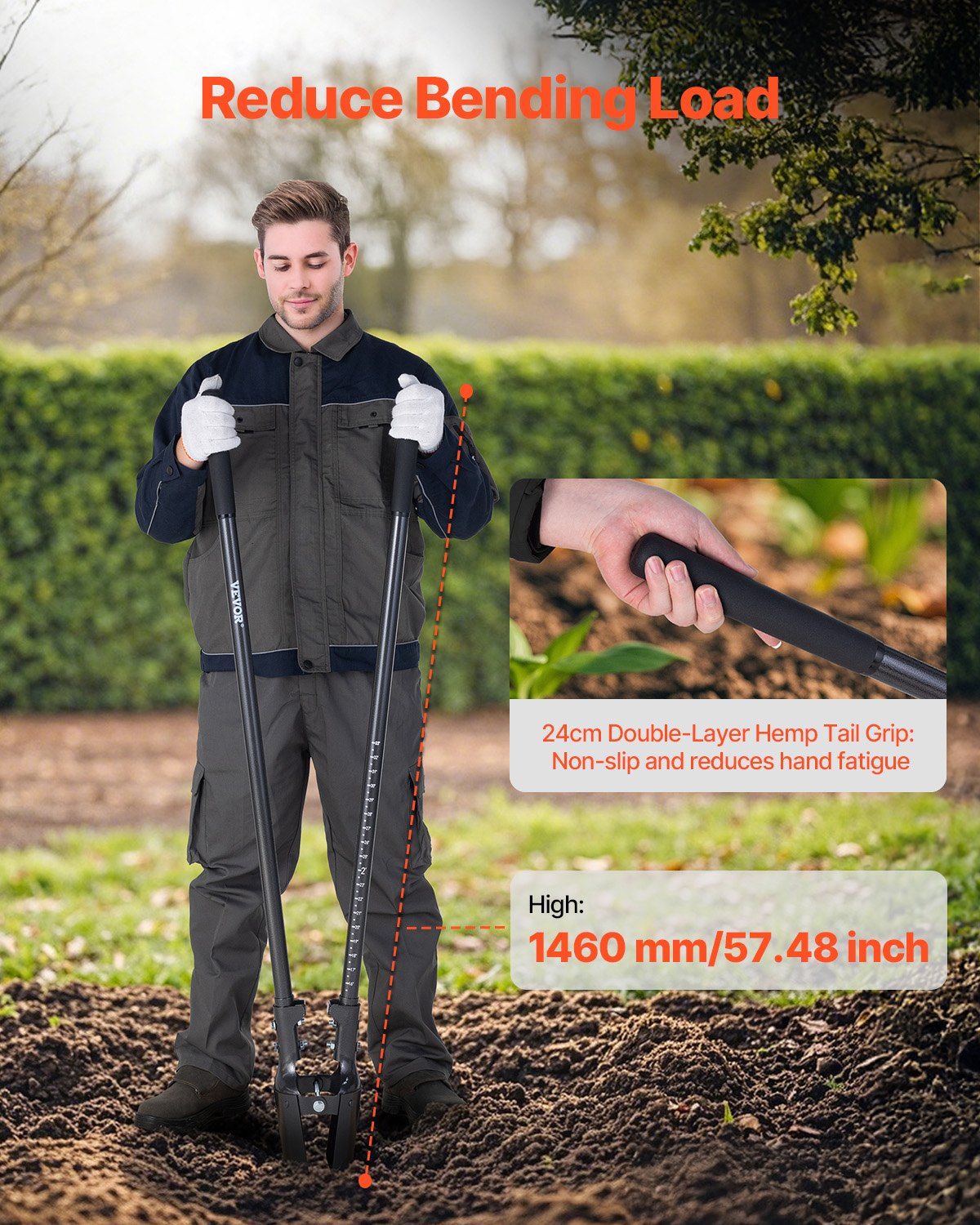 VEVOR Excavadora de Agujeros Manual para Postes Resistente con Mango de Acero al Carbono de 145 mm, Marcas de Escala y Hoja de Metal, Herramienta para Excavar Agujeros para Jardinería y Exteriores