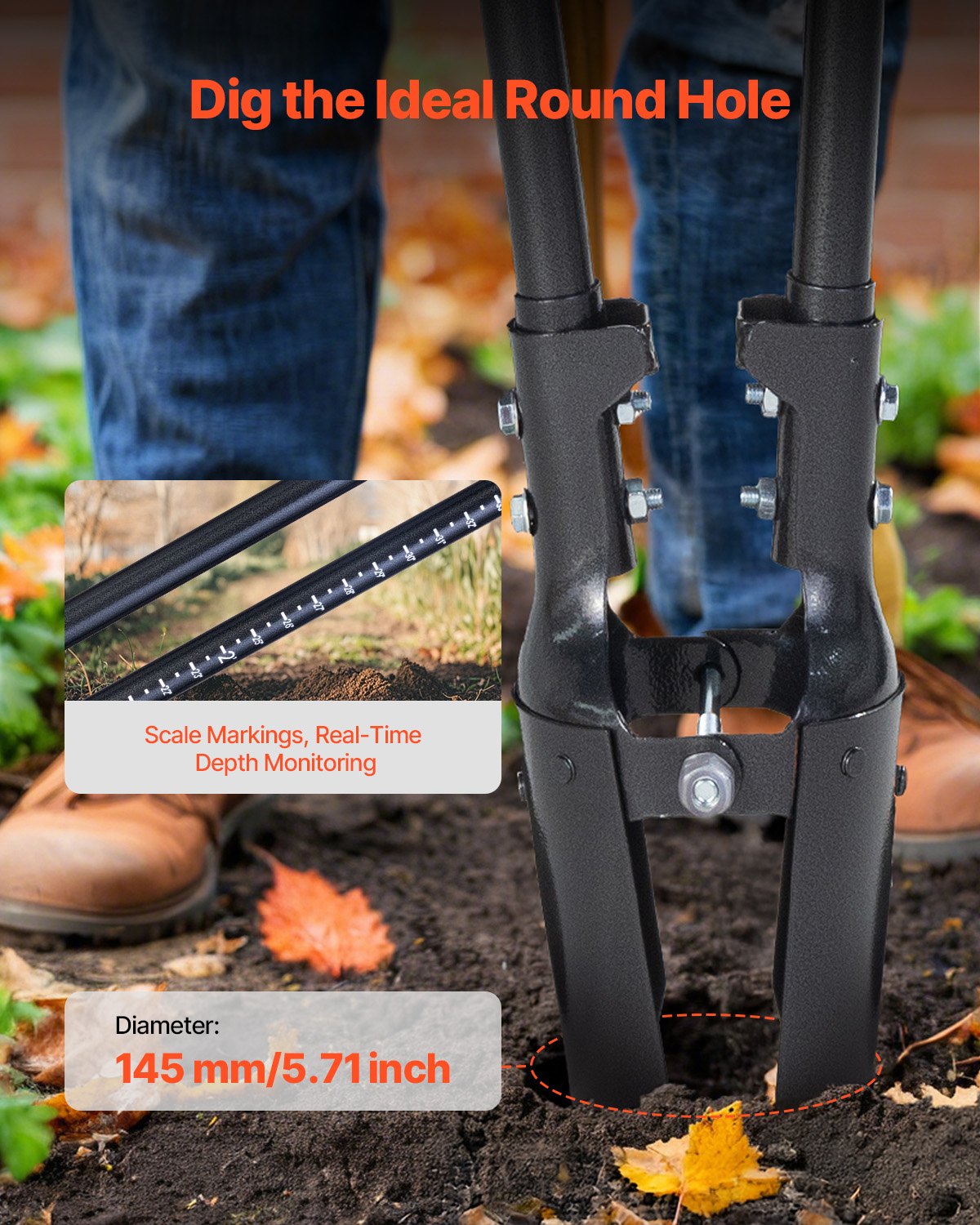VEVORE earth hole digger 146 cm, earth hole shovel with carbon steel handle, hand auger with scale markings and metal blade, earth hole digger tool for digging outdoor garden work