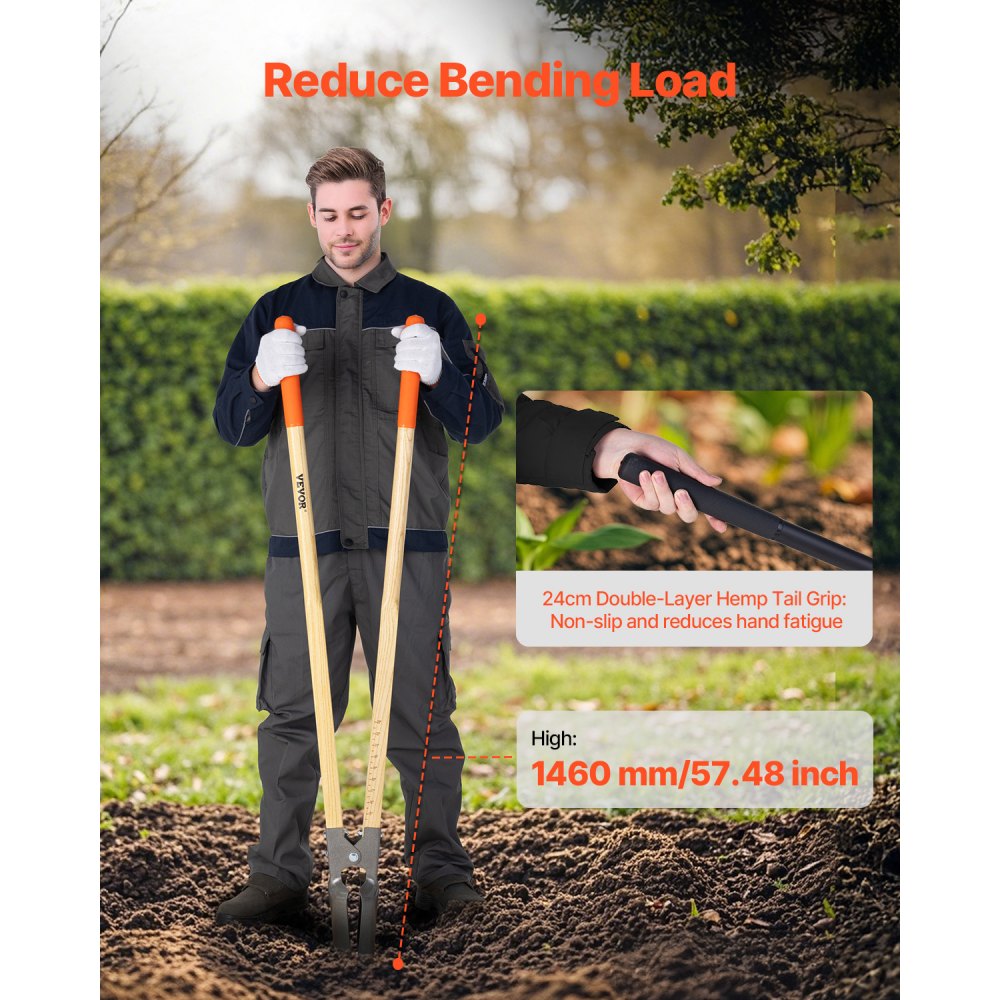 VEVOR Excavadora de Agujeros Manual para Postes Resistente con Mango de Madera de 1460 mm, Marcas de Escala y Hoja de Metal, Herramienta para Excavar Agujeros para Trabajo de Jardinería Al Aire Libre