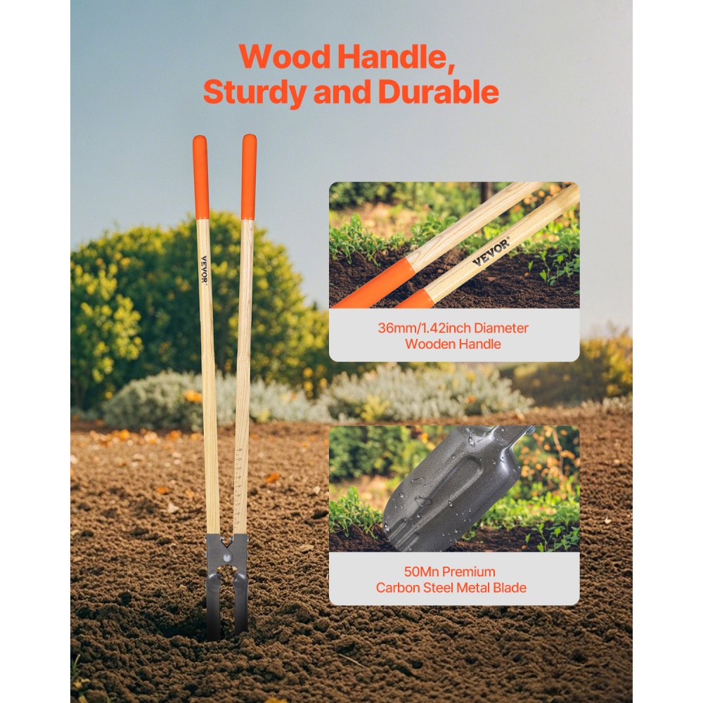 VEVOR Excavadora de Agujeros Manual para Postes Resistente con Mango de Madera de 1460 mm, Marcas de Escala y Hoja de Metal, Herramienta para Excavar Agujeros para Trabajo de Jardinería Al Aire Libre