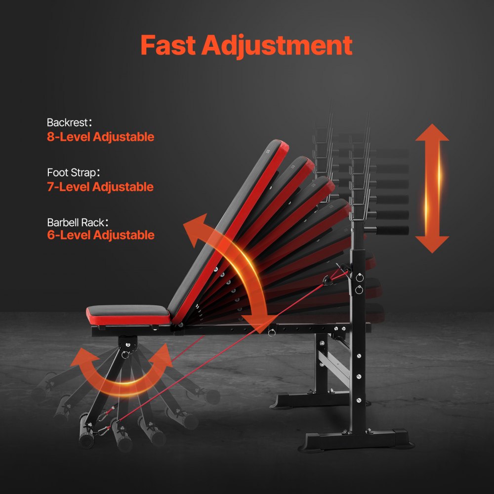 VEVOR Banco de Pesas 6 en 1 Banco de Ejercicios para Abdominales para Entrenamiento de Fuerza en el Gimnasio en Casa, 272 kg Banco Plano Inclinado y Declinado de Plegado Rápido, 1400 x 840 x 1170 mm