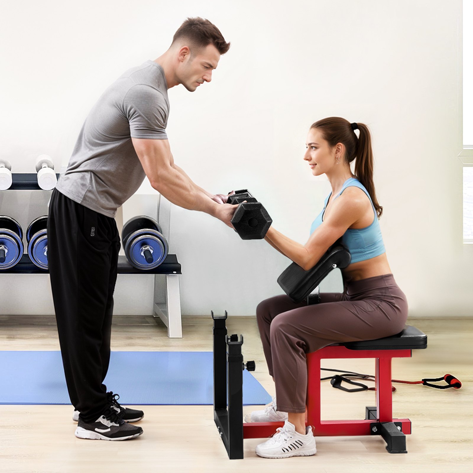 VEVOR Banco de Pesas con Extensión de Piernas, Bancos de Entrenamiento de Fuerza, Carga Máxima 200 kg, para Gimnasio en Casa, Estación de Bíceps con Mancuernas y Barra Aislada, Negro+Rojo