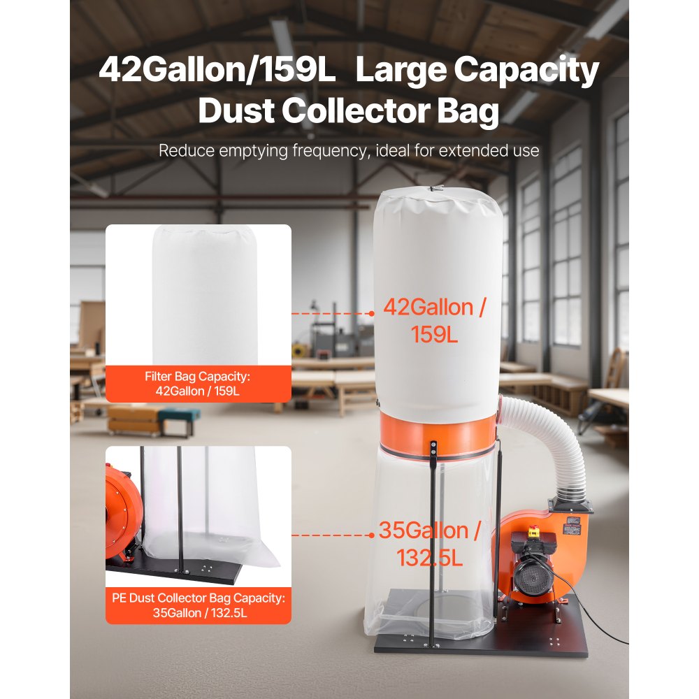 VEVOR Extractor de Polvo, 1868,91 m³/h, 2,5 Micras, Sistema de Recolección de Serrín de 1,5 HP con Bolsa de Polvo de 132,5 L y Bolsa de Filtro de 159 L, para Extracción de Virutas y Carpintería