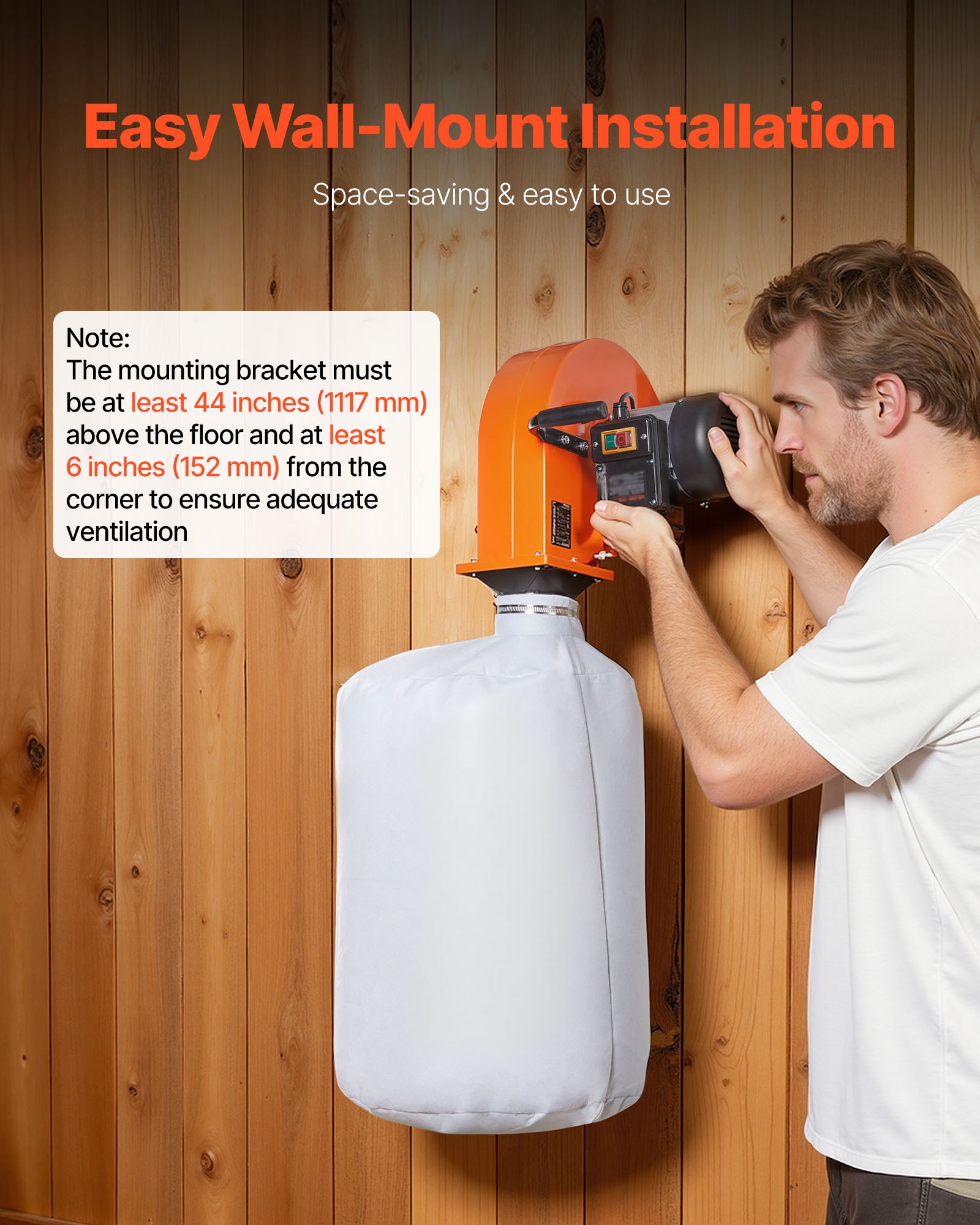 VEVOR Extractor de Polvo de Pared, 1 HP, 951,45 m³/h, con Bolsa Colectora de Polvo 2,5 Micras y 79,5 L, Extractor de Virutas a Carpintería, Talleres y Fábricas Industriales, 1040 x 350 x 400 mm