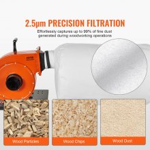 VEVOR Colector de polvo, flujo de aire de 1HP 460 CFM, bolsa de recolección de polvo de 80 L, filtración de bolsa de 2,5 μm, contenedor de polvo de madera móvil para taller industrial con asa y ruedas