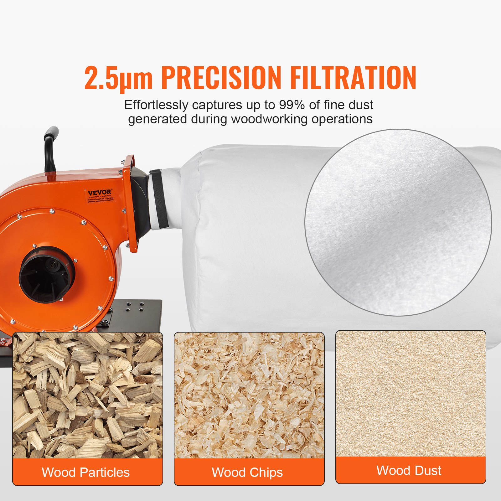 VEVOR Colector de polvo, flujo de aire de 1HP 460 CFM, bolsa de recolección de polvo de 80 L, filtración de bolsa de 2,5 μm, contenedor de polvo de madera móvil para taller industrial con asa y ruedas