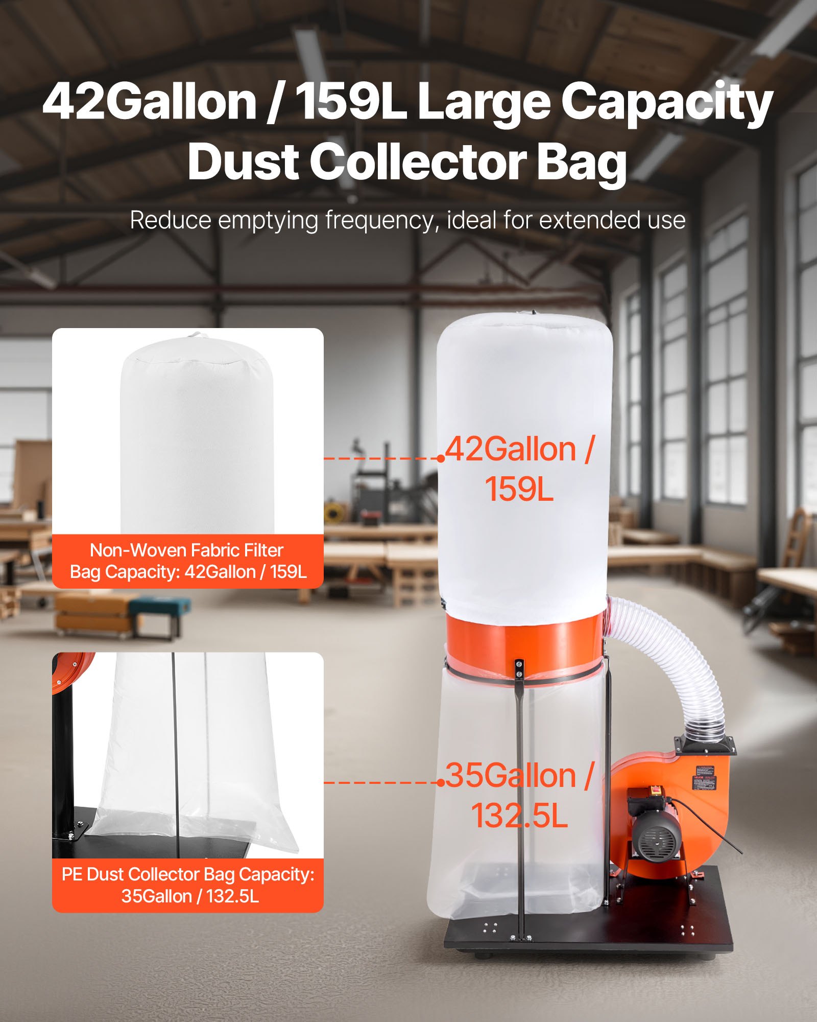 VEVOR Extractor de Polvo, 2038,8 m³/h, Extractor de Virutas de 2,5 Micras, Sistema de Recolección de Serrín de 2,0 HP con Bolsa de Polvo de 132,5 L y Bolsa de Filtro de 159 L, para Carpintería